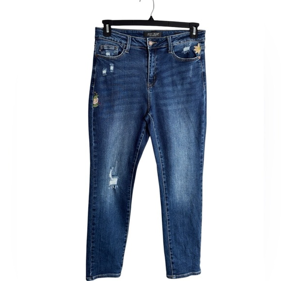 Judy Blue Jeans Women's  7 / 28 Blue Boyfriend Fit Distressed Floral Embroidered - Picture 1 of 16